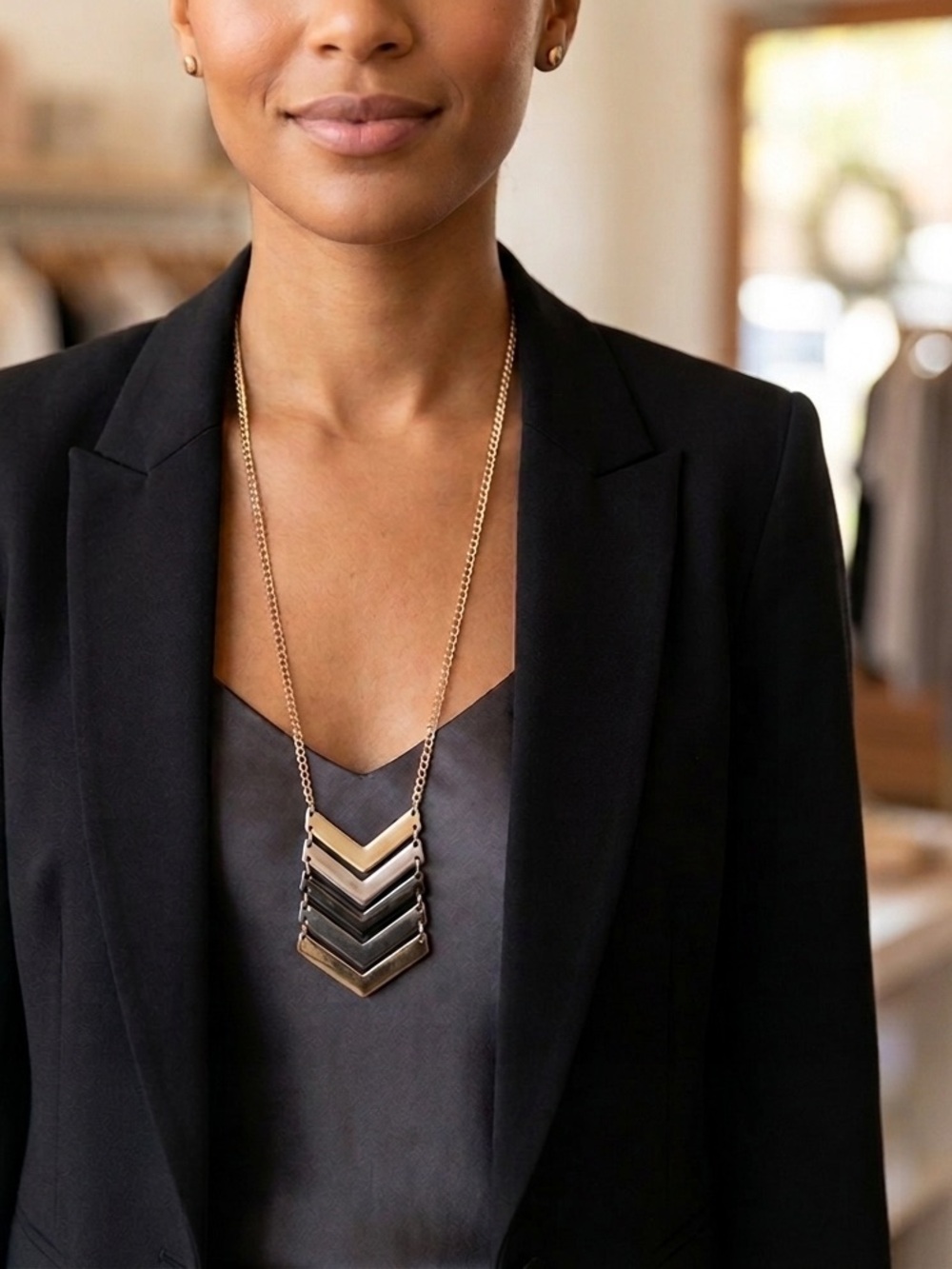 Express chevron statement necklace in black, gold, and silver